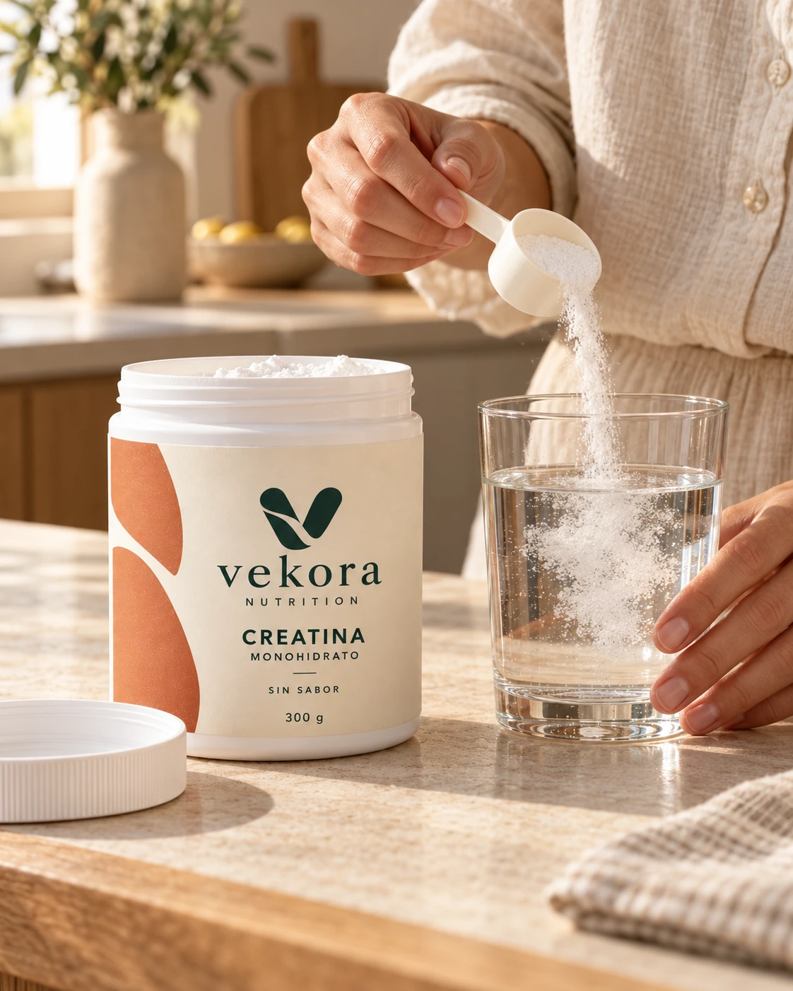 Preparar tu rutina: creatina VEKORA con un vaso de agua