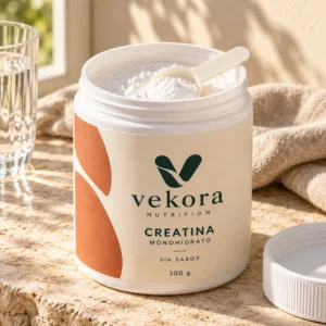 VEKORA Creatina Monohidrato de 300 g: bote abierto y dosificador