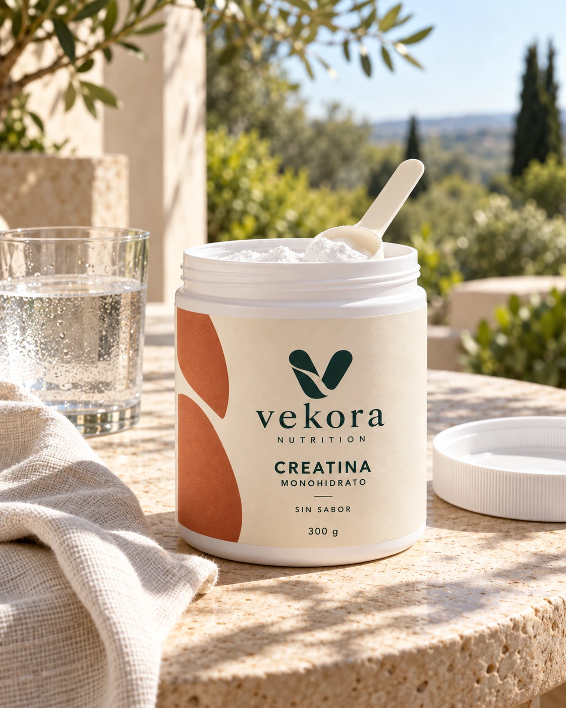 Bote abierto de creatina VEKORA en una terraza con luz natural